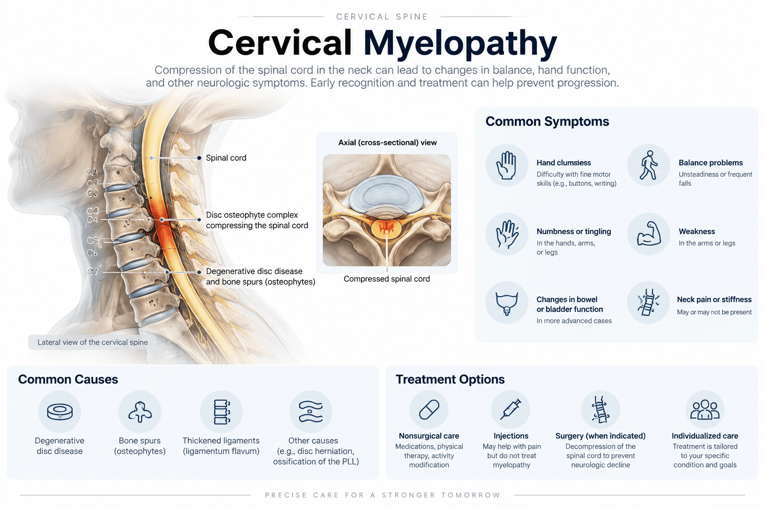Infographic on cervical myelopathy. A side view of the neck shows a disc and bone spurs pressing on the spinal cord in the middle of the cervical spine, with a cross-section of the compressed cord beside it, and panels listing the common symptoms, the common causes, and the treatment options.
